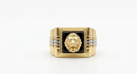 INELE BARBATI - Inel Ghiul Lion Onyx din Aur Bicolor 14K pentru Bărbați cu Cap de Leu și Onix Negru
