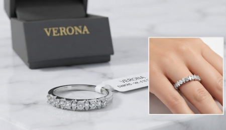 bijuterii diamant - Inel Half-Eternity din Aur Alb 14K cu Diamante Mixte Briliant și Marquise 0.13 CT – Verona Elegance