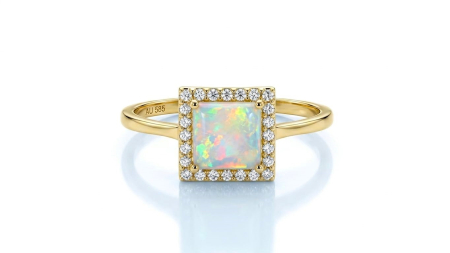 Inele aur 14k - Inel Halo din Aur Galben 14K cu Opal Pătrat și Anturaj de Zirconii