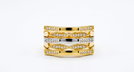 Inele aur 14k - Inel Lat Bicolor din Aur 14K cu Design Multi-Bandă și Pavaj Cristale