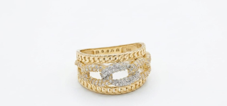 Inele aur 14k - Inel Lat din Aur de 14K cu Model Zale Cuban Link și Pavé Complet de Zirconii
