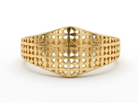 Inele aur 14k - Inel Lat din Aur Galben 14K cu Model Geometric Perforat și Textură Mozaic