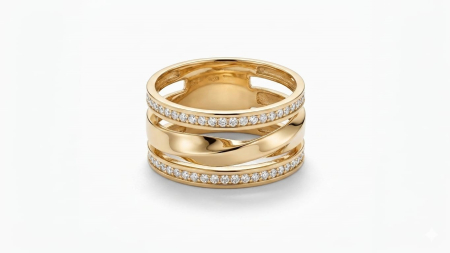 Inele aur 14k - Inel Lat din Aur Galben 14K Multi-Bandă cu Design Răsucit și Pavaj de Zirconiu