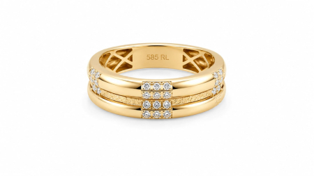 Inele aur 14k - Inel Lat Premium din Aur Galben 14K cu Bandă Triplă și Pavé