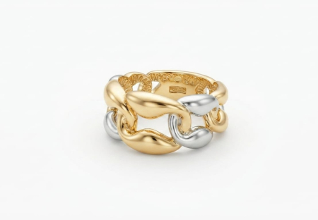 bijuterii aur - Inel Lat Tip Lanț Gourmet din Aur Bicolor 14K – Cuban Link Masiv (4.53g)