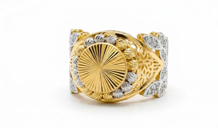 Inele aur 14k - Inel Masiv din Aur Bicolor 14K cu Model Filigranat și Disc Central Striat