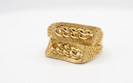 Inele aur 14k - Inel Masiv din Aur Galben 14K cu Model Fagure și Zale Cuban Link