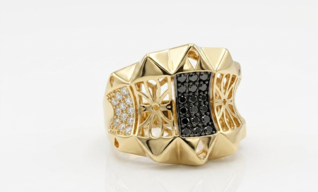 Inele aur 14k - Inel Masiv din Aur Galben 14K cu Zirconii Negre și Albe – Model Gotic Bold