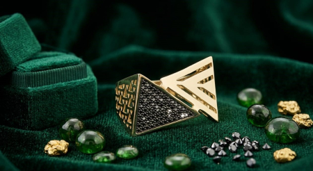 Inele aur 14k - Inel Masiv Geometrice din Aur Galben 14K cu Triunghiuri și Pavaj Negru