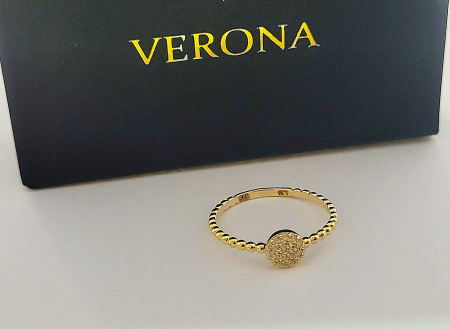 Inele aur 14k - Inel Minimalist din Aur Galben 14K cu Bănuț Central și Cristale Pave