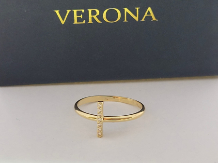 Inele aur 14k - Inel Minimalist din Aur Galben 14K cu Bară Verticală încrustată cu Cristale