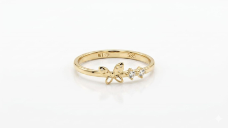 Inele aur 14k - Inel Minimalist din Aur Galben 14K cu Fluture și Cristale Zirconia