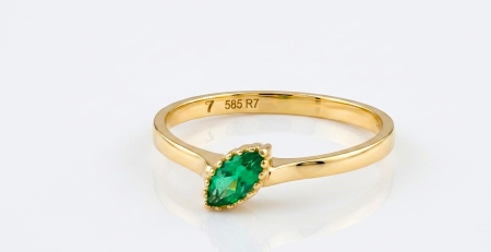 Inele aur 14k - Inel Minimalist din Aur Galben 14K cu Piatră Navette Verde