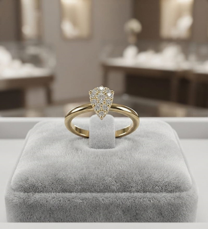 inele cu diamant - Inel Minimalist din Aur Galben 14K în Formă de Pară cu Cluster de Diamante Naturale 0.15 Carate, 2.03g