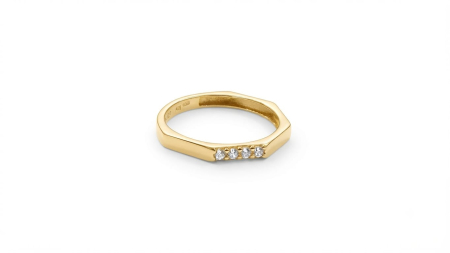 bijuterii aur - Inel Minimalist Geometric din Aur Galben 14K cu Profil Hexagonal și Patru Zirconii – 1.41g