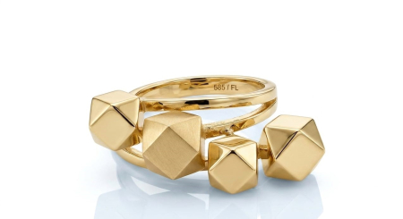 Inele aur 14k - Inel Multi-Bandă din Aur Galben 14K cu Cuburi Geometrice și Finisaj Contrastant