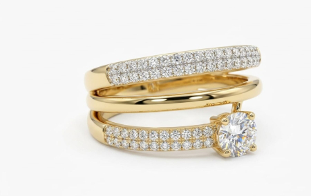 Inele aur 14k - Inel Multi-Bandă din Aur Galben 14K Solitaire cu 3 Rânduri și Pavaj de Cristale