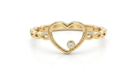 Inele aur 14k - Inel Open Heart din Aur Galben 14K cu Bandă Împletită și Piatră Solitară – Eleganță Romantică
