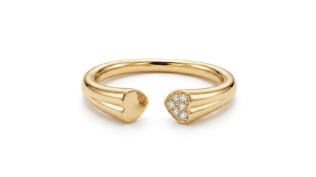 Inele aur 14k - Inel Open Ring din Aur Galben 14K cu Inimi și Diamante – Design Asimetric și Modern