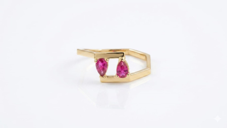 Inele aur 14k - Inel Open Ring Hexagonal din Aur Galben 14K cu Două Rubine Pară – Stil Avangardist