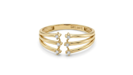 Inele aur 14k - Inel Open Ring Triplu din Aur Galben 14K cu Șase Pietre Solitare – Stil Arhitectural și Elegant