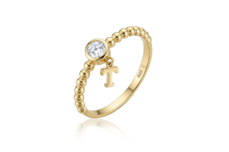 Inele aur 14k - Inel Personalizat din Aur Galben de 14K cu Bandă Sferică, Zirconiu și Pandantiv Inițiala „T”