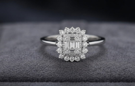 inele cu diamant - Inel Rectangular din Aur Alb de 14K cu Mozaic de Diamante Naturale 0.11ct