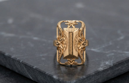 Inele aur 14k - Inel Rectangular Statement din Aur Galben 14K cu Model Filigranat și Motive Florale – 4 g