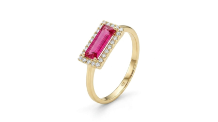 Inele aur 14k - Inel Regal din Aur 14K, Piatră Centrală Roz Fucsia și Halo de Cristale