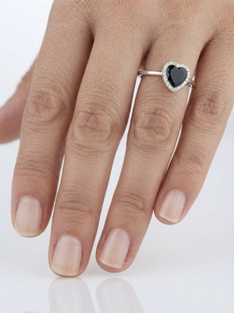Inel argint 925 - Inel Reglabil din Argint 925 în Formă de Inimă cu Zirconiu Negru – Eleganță Dramatică