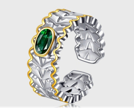 Inel argint 925 - Inel Reglabil din Argint 925 – Model Sculptural cu Zirconiu Verde Smarald