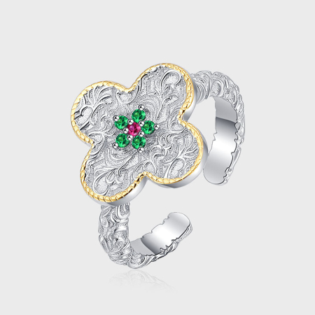 Inel argint 925 - Inel Reglabil din Argint 925 – Model Trifoi Filigranat cu Floricică din Cristale
