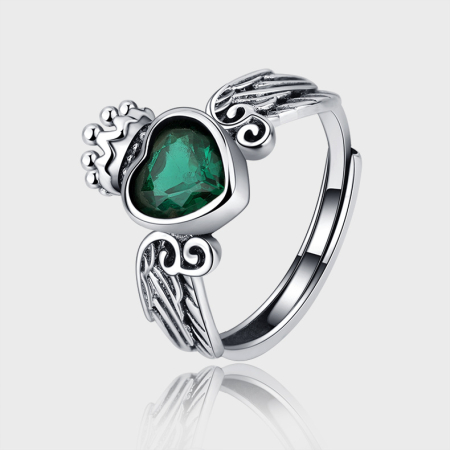Inel argint 925 - Inel Reglabil din Argint 925 – Model Vintage cu Inimă Verde Smarald, Aripi și Coroană