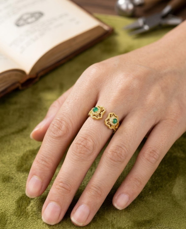 Inel argint 925 - Inel Reglabil din Argint 925 Placat cu Aur Aurora Jewelry – Stil Vintage cu Pietre Verzi