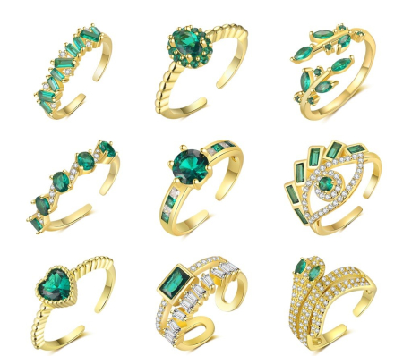 Inel argint 925 - Inel Reglabil din Argint 925 Placat cu Aur – Colecția Emerald Green Zirconia cu Bază Deschisă (Diverse Modele)