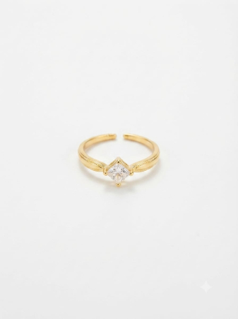 Inel argint 925 - Inel Reglabil din Argint Placat cu Aur – Solitaire cu Zirconiu Pătrat (Princess Cut)