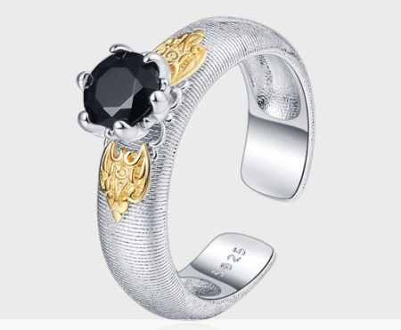 Inel argint 925 - Inel Reglabul din Argint 925 – Design Vintage cu Zirconiu Negru și Detalii Aurii