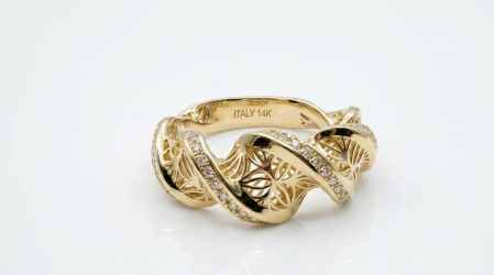 Inele aur 14k - Inel Sculptural din Aur Galben 14K cu Model Filigran Wave și Zirconii