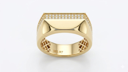 Inele aur 14k - Inel Sigiliu din Aur Galben de 14K cu Design Piramidal și Pavé de Zirconii