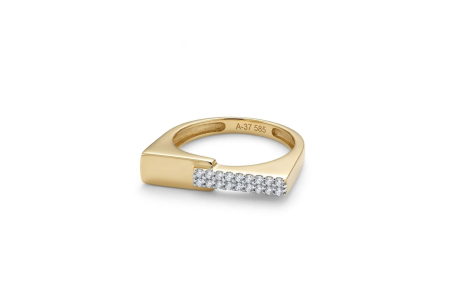 Inele aur 14k - Inel Signet Asimetric din Aur Galben 14K cu Plăcuță și Pavé Dual de Zirconii