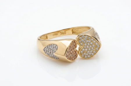 Inele aur 14k - Inel Signet Bypass din Aur Galben 14K cu Model Multi-Inimi și Pavé de Zirconii