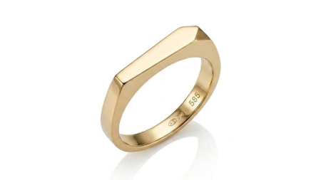 Inele aur 14k - Inel Signet Minimalist din Aur 14K cu Placă Liniară și Margini Fațetate