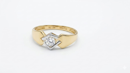 Inele aur 14k - Inel Solitaire Bicolor din Aur 14K cu Montură Romb – Reinterpretare Modernă a Clasicului