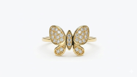 Inele aur 14k - Inel Solitaire din Aur Galben 14K cu Model Fluture și Pavaj Zirconia
