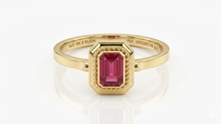 Inele aur 14k - Inel Solitar din Aur 14K cu Rubin Emerald-Cut și Montură Vintage Răsucită