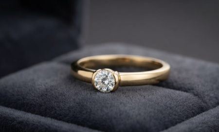 bijuterii diamant - Inel Solitar din Aur Galben 14K cu Diamant Natural în Montură Bezel Modernă
