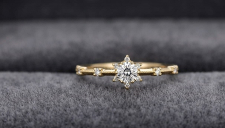 inele cu diamant - Inel Solitar în Stil Stelar din Aur Galben de 14K cu Diamante Naturale 0.15ct