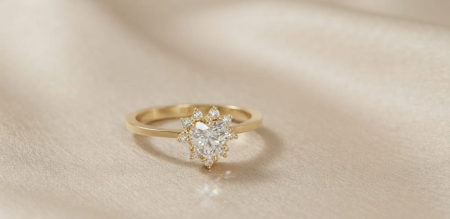 Inele aur 14k - Inel Solitar Inimă din Aur Galben 14K cu Halo Starburst din Zirconiu