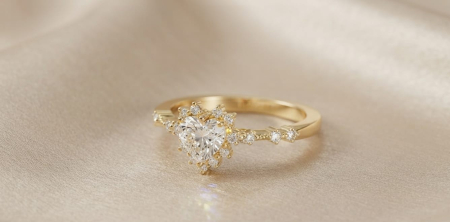 Inele aur 14k - Inel Solitar Inimă din Aur Galben 14K cu Halo Starburst și Șină Pavată