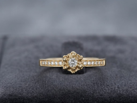 inele cu diamant - Inel Solitar Organic din Aur Galben de 14K cu Diamante Naturale 0.11ct